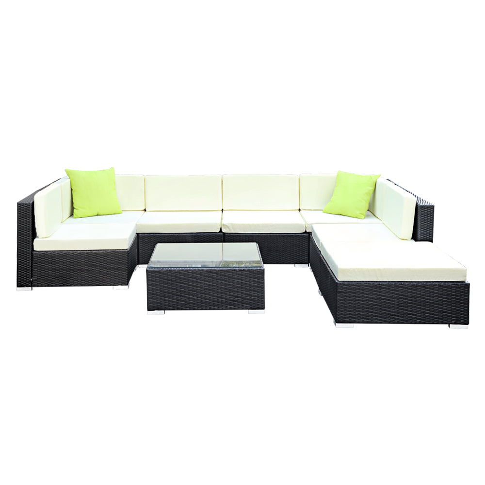 Chester 7-Seater Outdoor Set Furniture Wicker 8-Piece Sofa with Storage Cover - Black