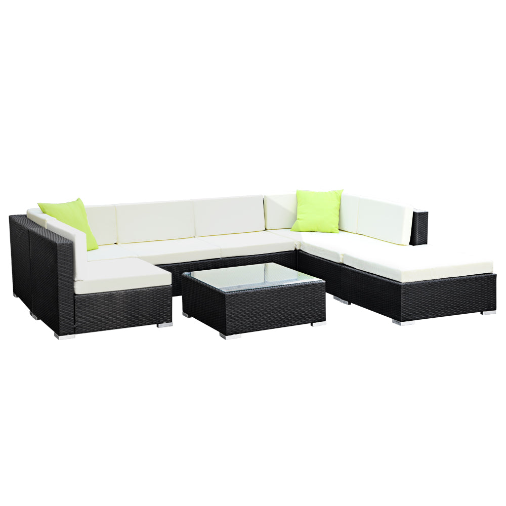 Chester 7-Seater Outdoor Set Furniture Wicker 8-Piece Sofa with Storage Cover - Black