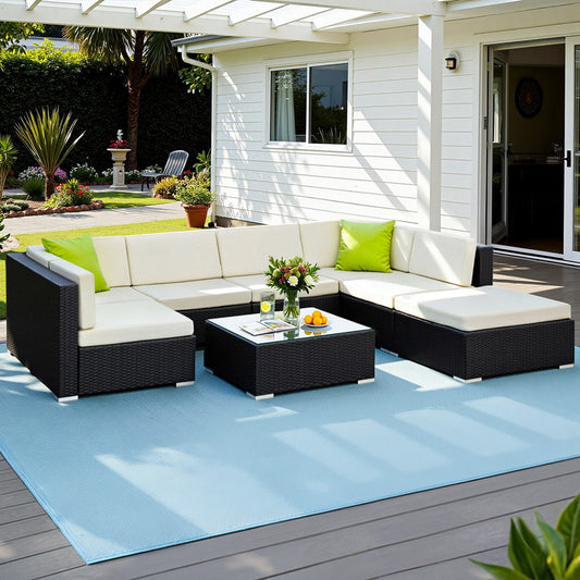 Chester 7-Seater Outdoor Set Furniture Wicker 8-Piece Sofa with Storage Cover - Black