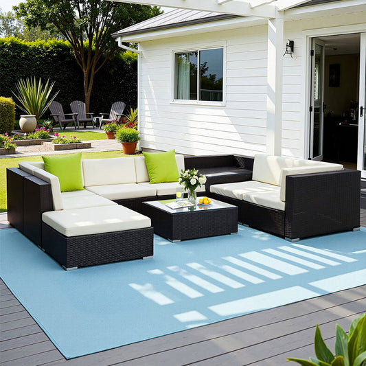 Chester 8-Seater Outdoor Set Furniture Wicker 9-Piece Sofa with Storage Cover - Black