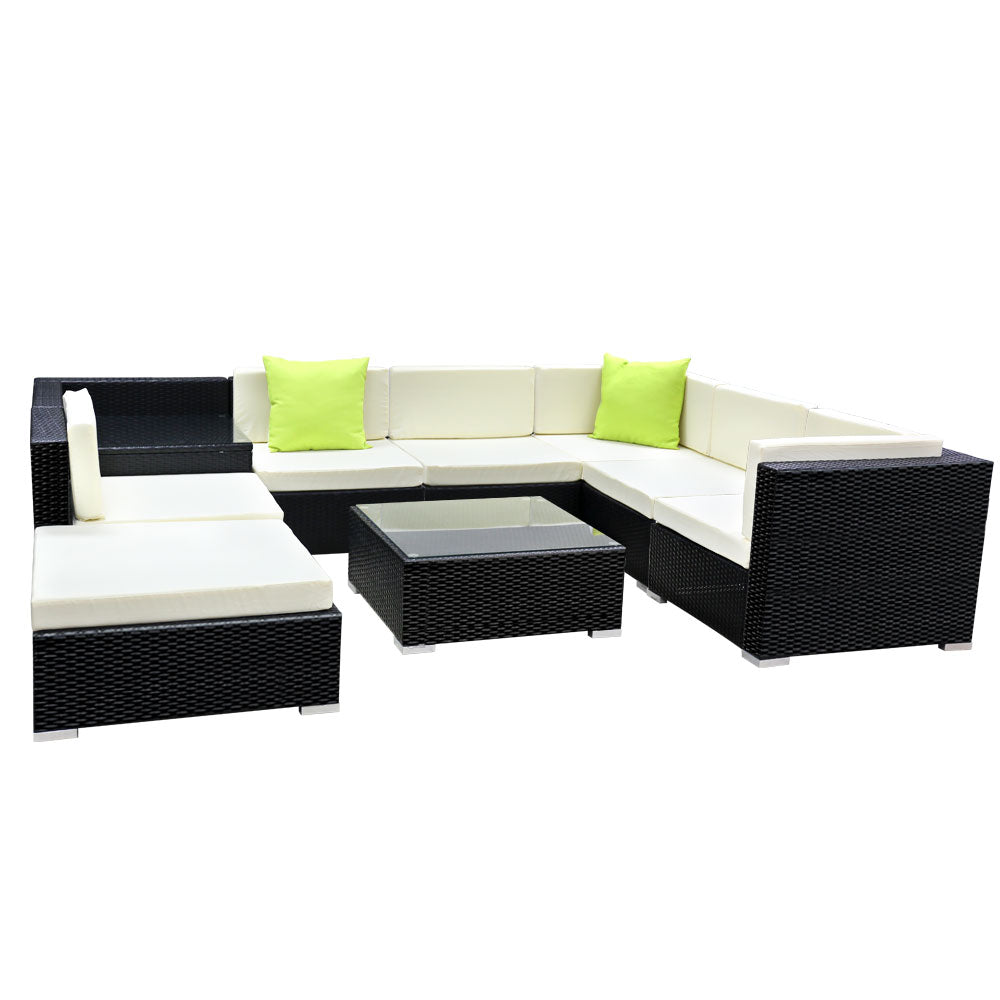 Chester 8-Seater Furniture Set Wicker Garden Patio Pool Lounge 9-Piece Outdoor Sofa - Black