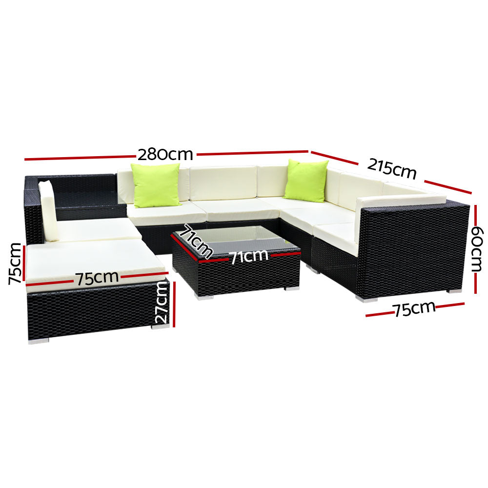 Chester 8-Seater Furniture Set Wicker Garden Patio Pool Lounge 9-Piece Outdoor Sofa - Black