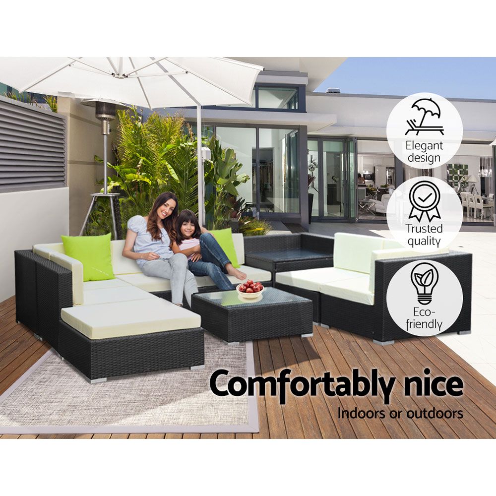 Chester 8-Seater Furniture Set Wicker Garden Patio Pool Lounge 9-Piece Outdoor Sofa - Black