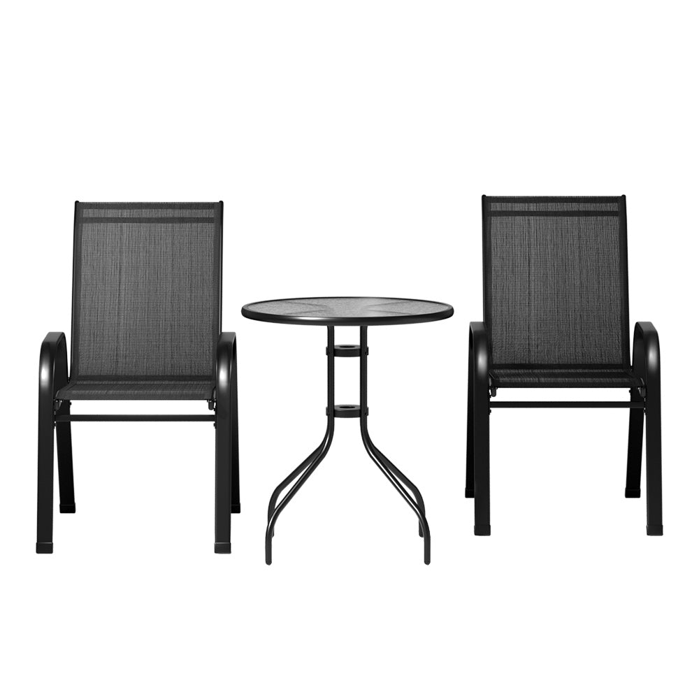 Tomos 2-Seater Table and chairs Stackable Bistro Set Patio Coffee 3-Piece Outdoor Furniture - Black