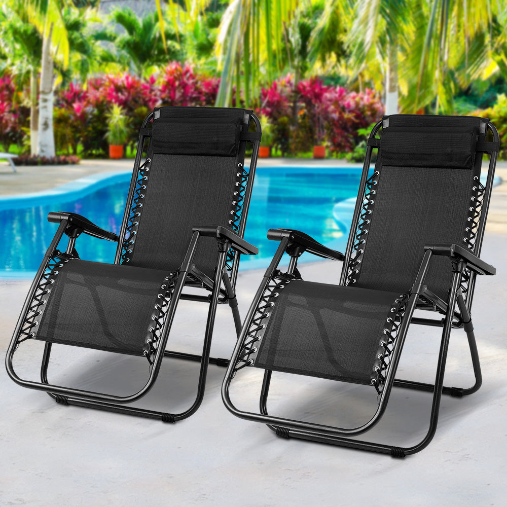 Set of Reclining Outdoor Furniture Sun Lounge Folding Black