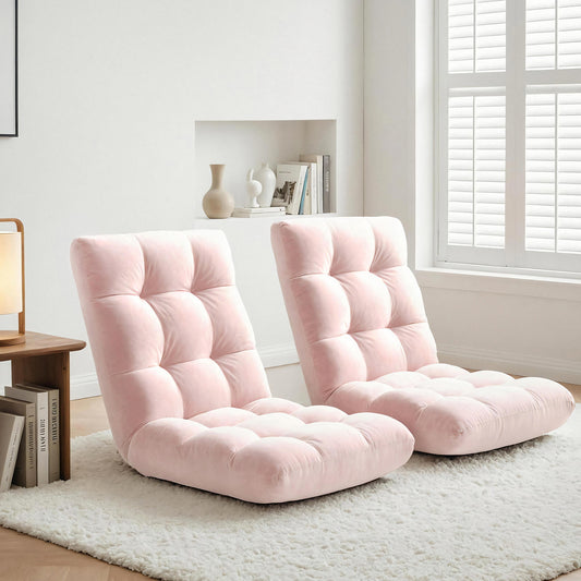 Set of 2 Marget Floor Lounge Sofa Bed Flannel Fabric - Pink
