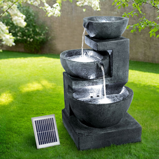 Solar Water Feature Cascading Fountain 3-Tier Bowl LED Lights 60cm - Blue