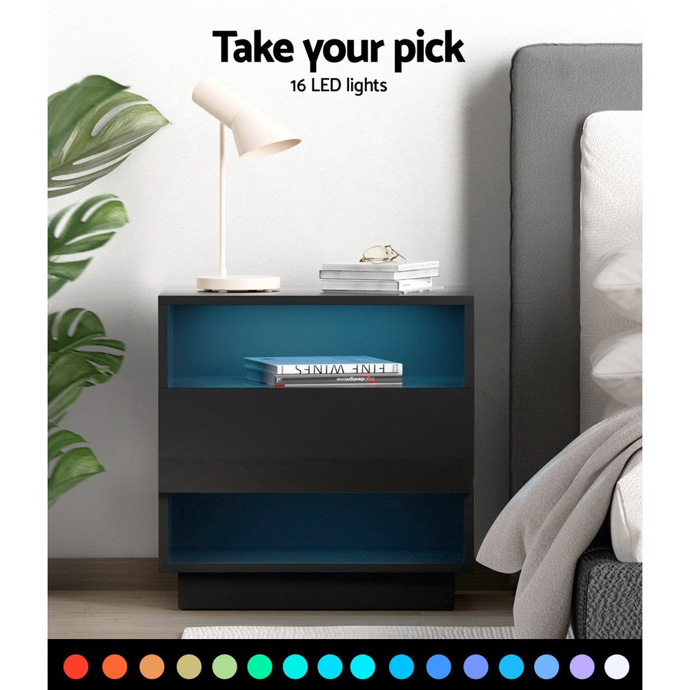 Halifax LED High Gloss Bedside Tables Side Table RGB LED Nightstand High Gloss - Black