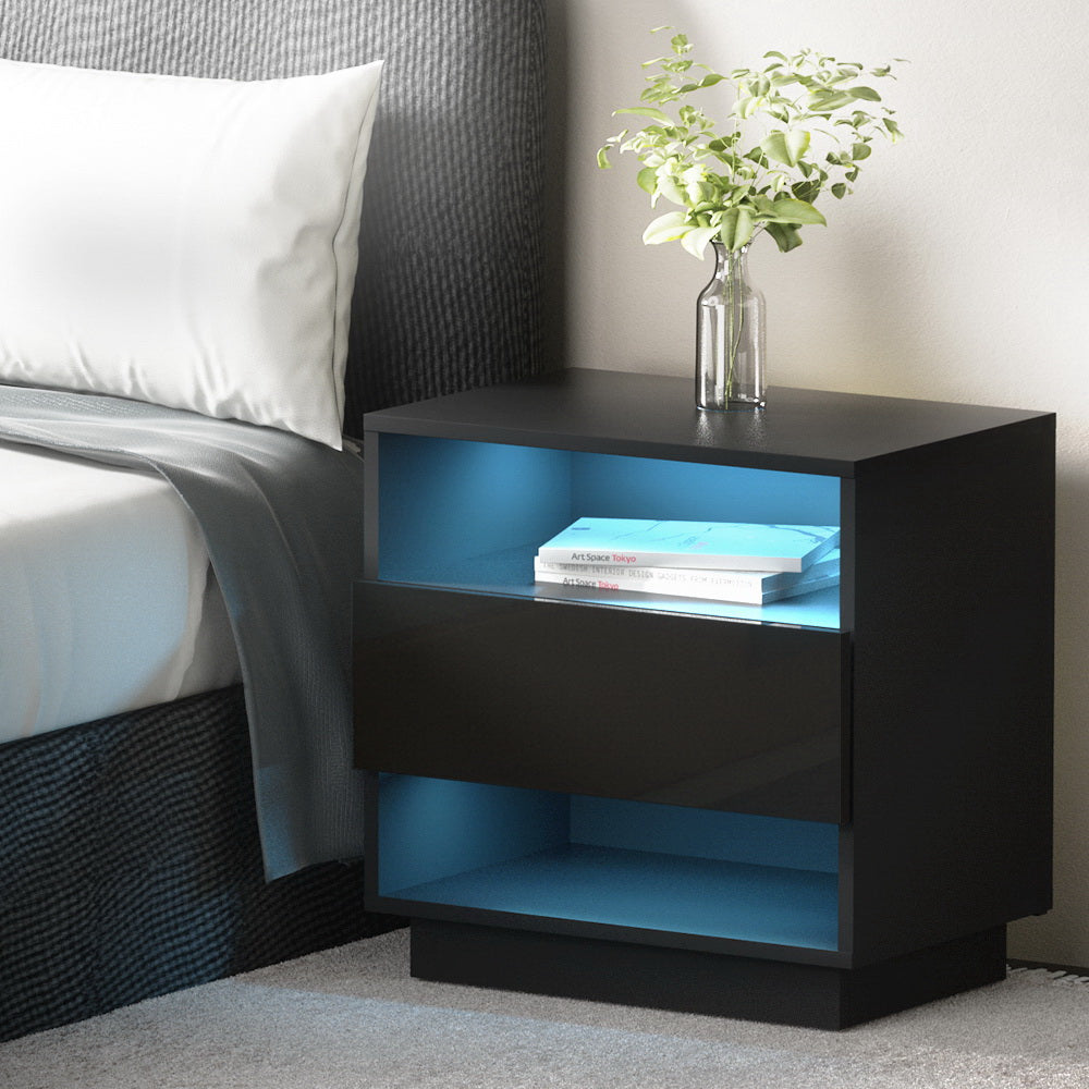 Halifax LED High Gloss Bedside Tables Side Table RGB LED Nightstand High Gloss - Black