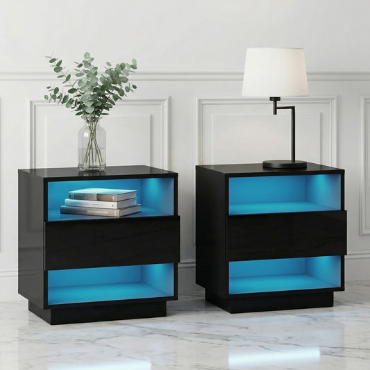 Set of 2 Halifax Bedside Tables LED with 2 Shelves - Black