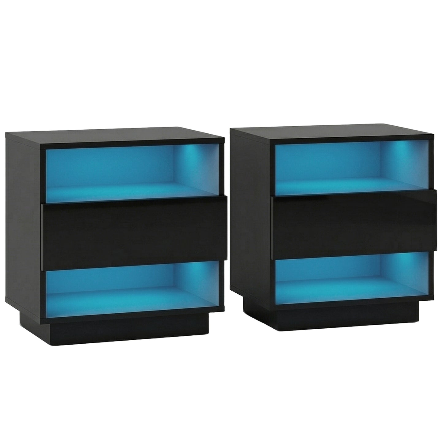 Set of 2 Halifax Bedside Tables LED with 2 Shelves - Black
