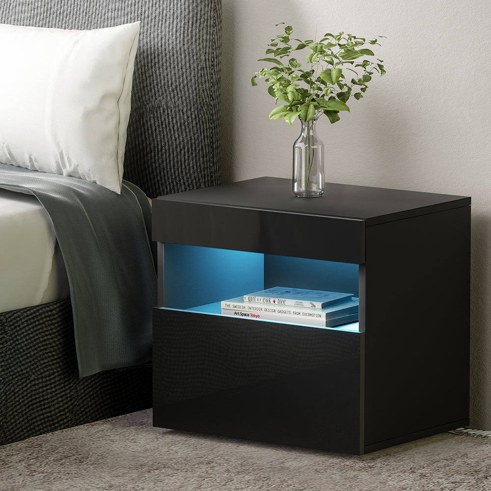 Pictou LED High Gloss Bedside Tables Side Table RGB LED High Gloss Nightstand - Black