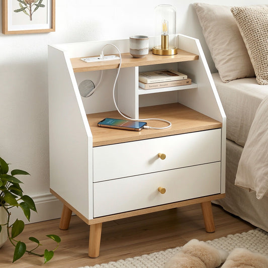 Terra Bedside Tables Charging Station with 2 Drawers - White and Pine