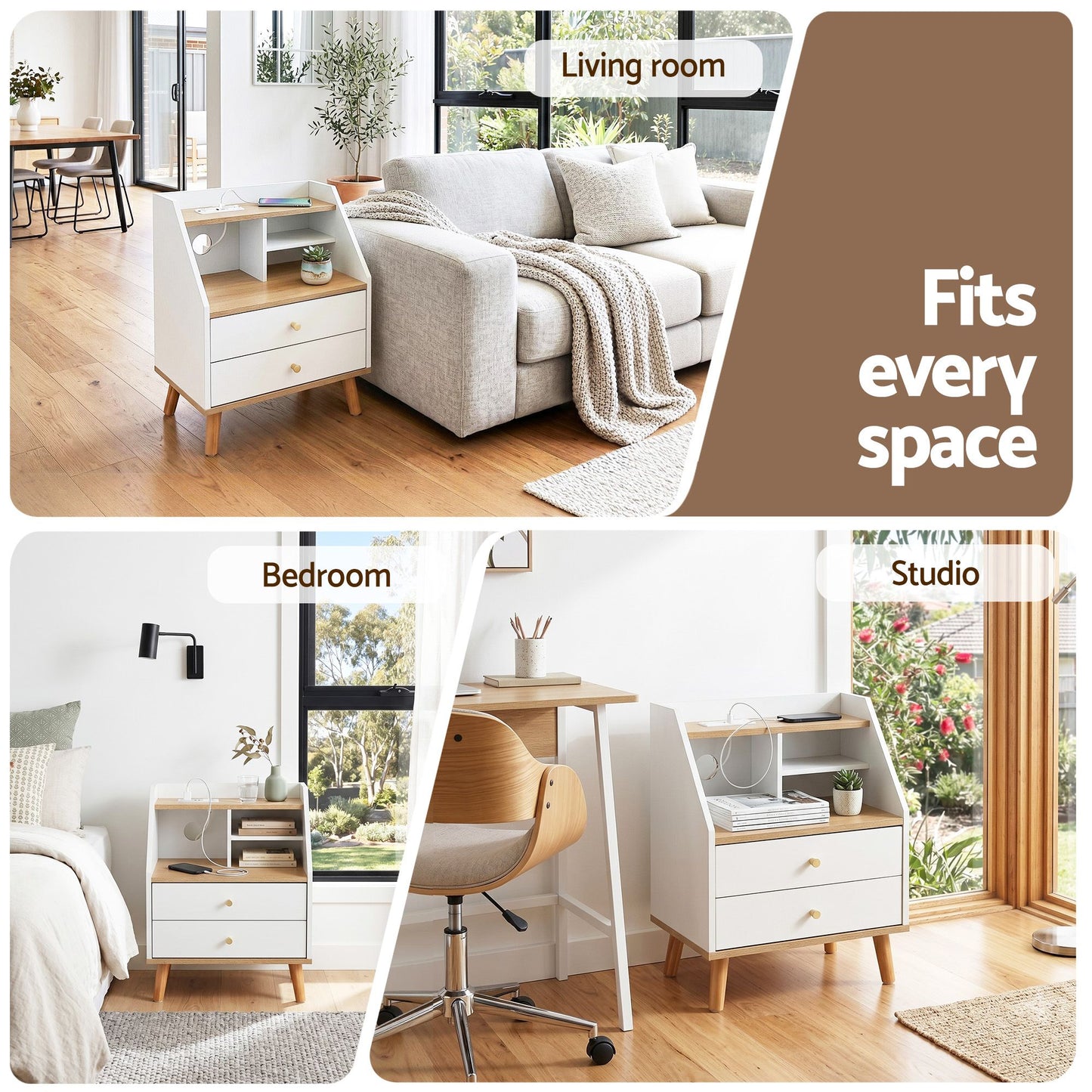 Terra Bedside Tables Charging Station with 2 Drawers - White and Pine