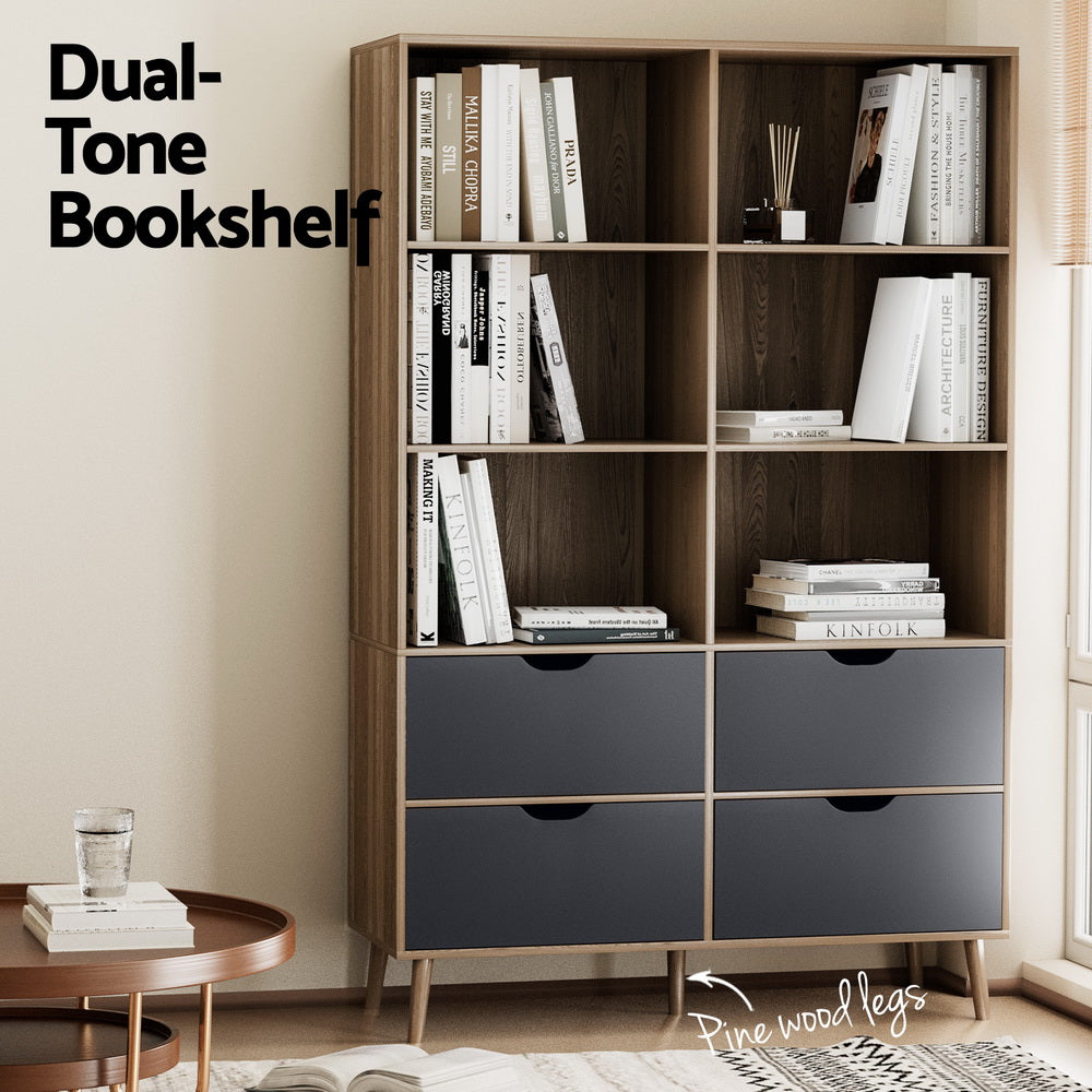 Artiss Bookshelf With 4 Drawers - Mitzi Oak And Blue