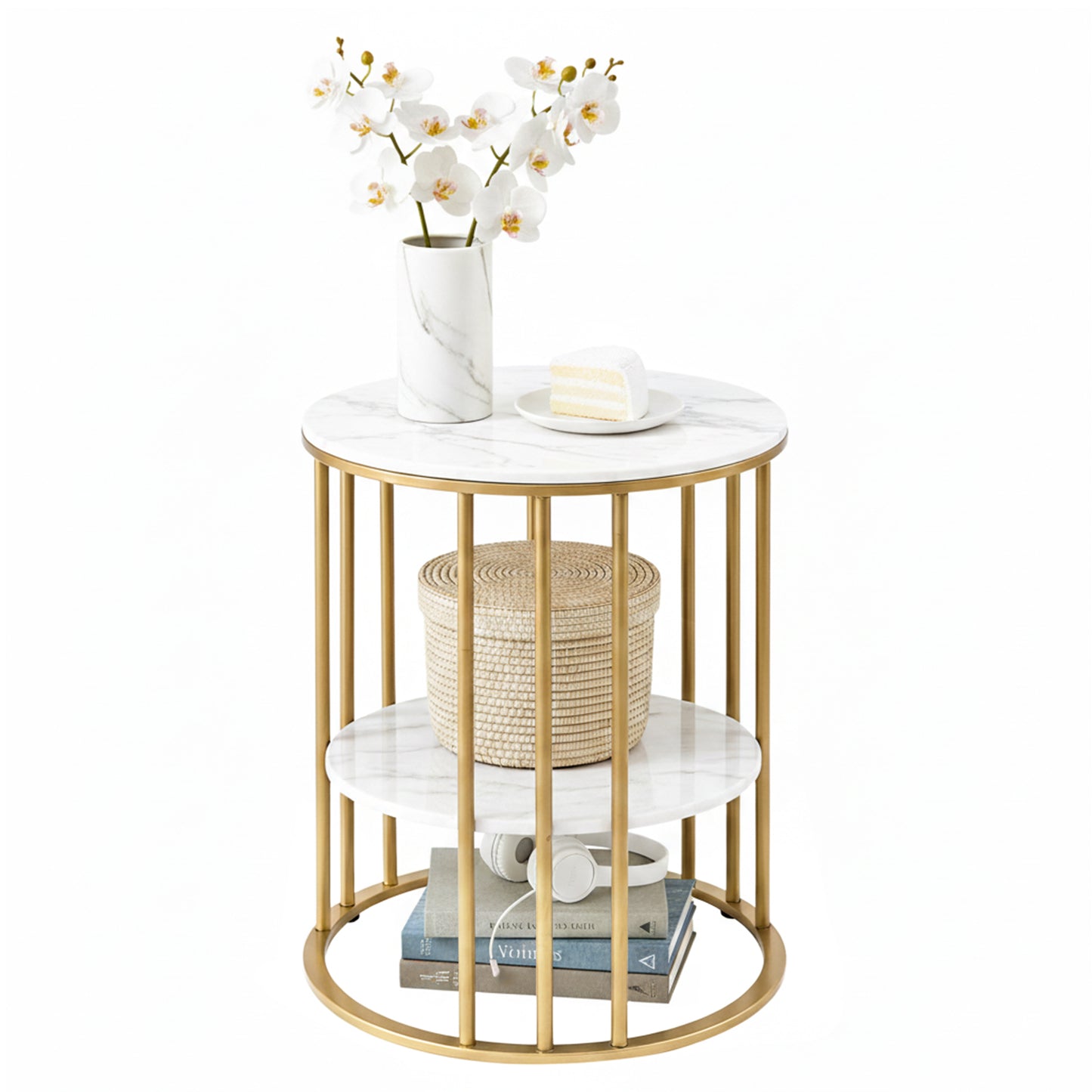 Iria Coffee Table 2-Tier Round Marble Effect White&Gold