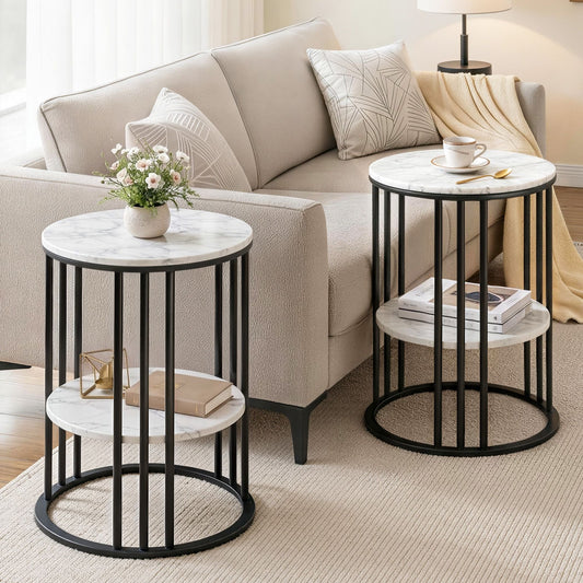 Iphigenia Set of 2 Side Table Coffee Table 2-Tier Round Marble Effect
