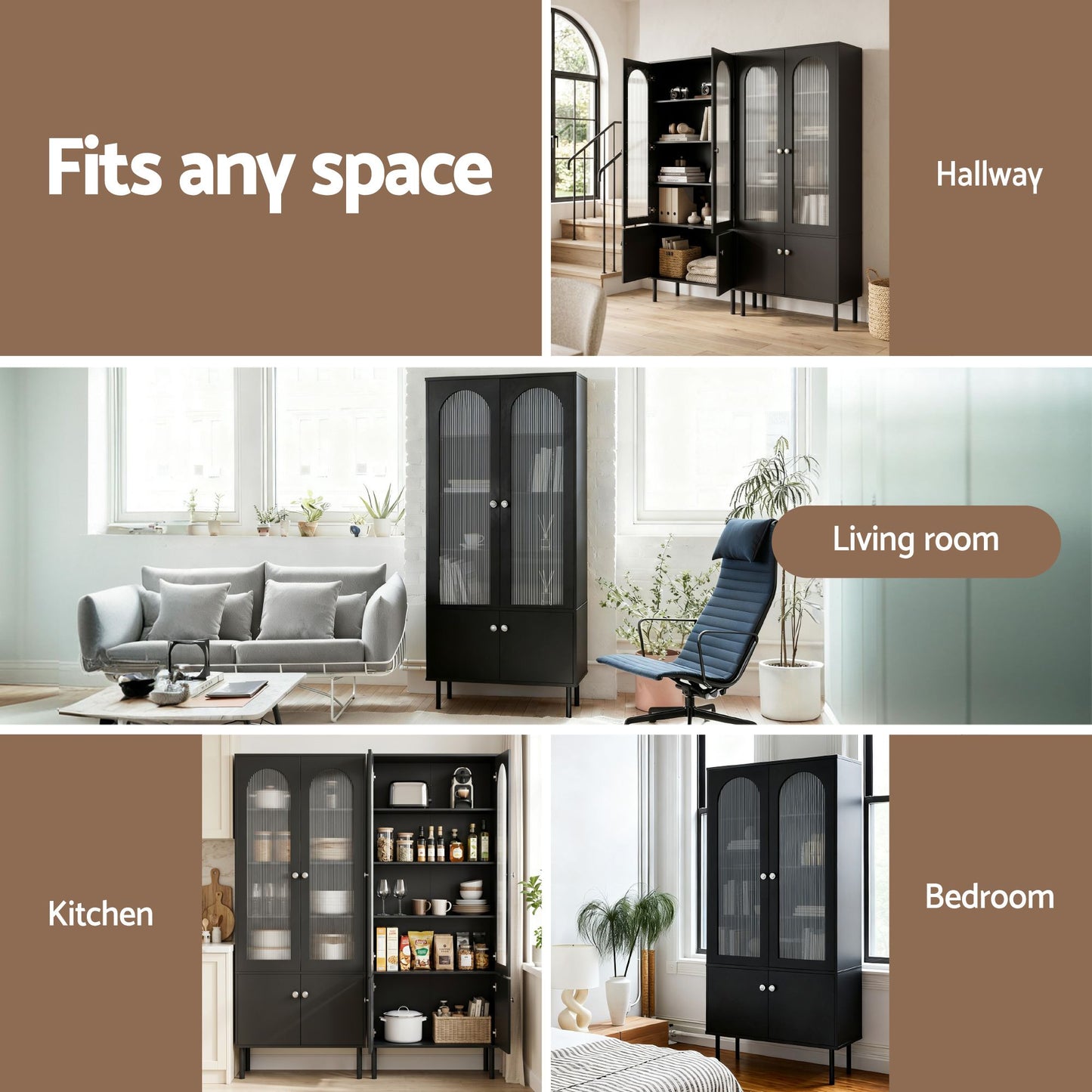 Set of 2 Daniel Buffet Sideboard Cabinet Pantry 5-Tier Storage Cupboard Fluted - Black