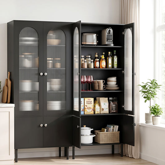 Set of 2 Daniel Buffet Sideboard Cabinet Pantry 5-Tier Storage Cupboard Fluted - Black