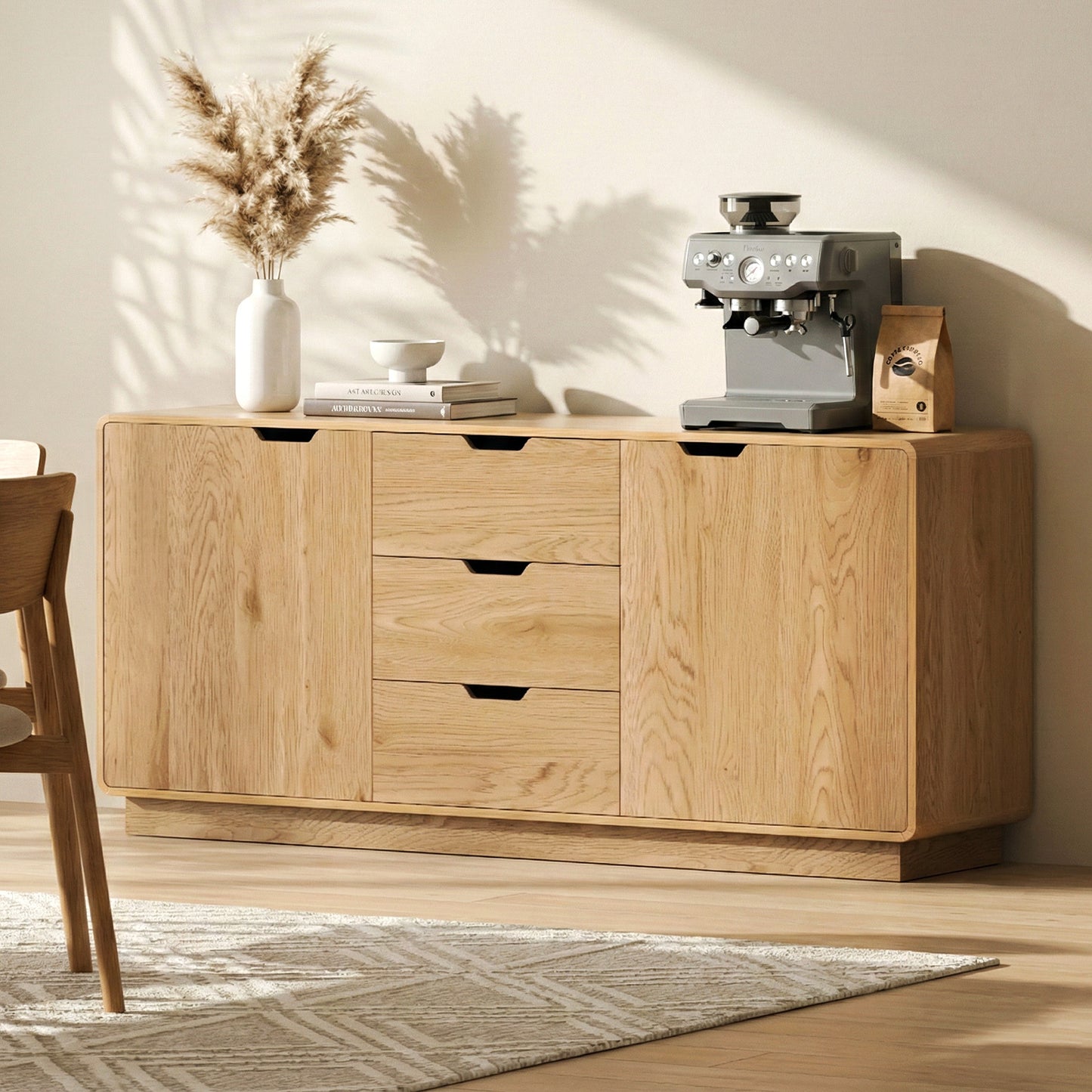 Reeve Buffet Sideboard Cabinet Storage Kitchen Cupboard Drawers Round Edge - Oak