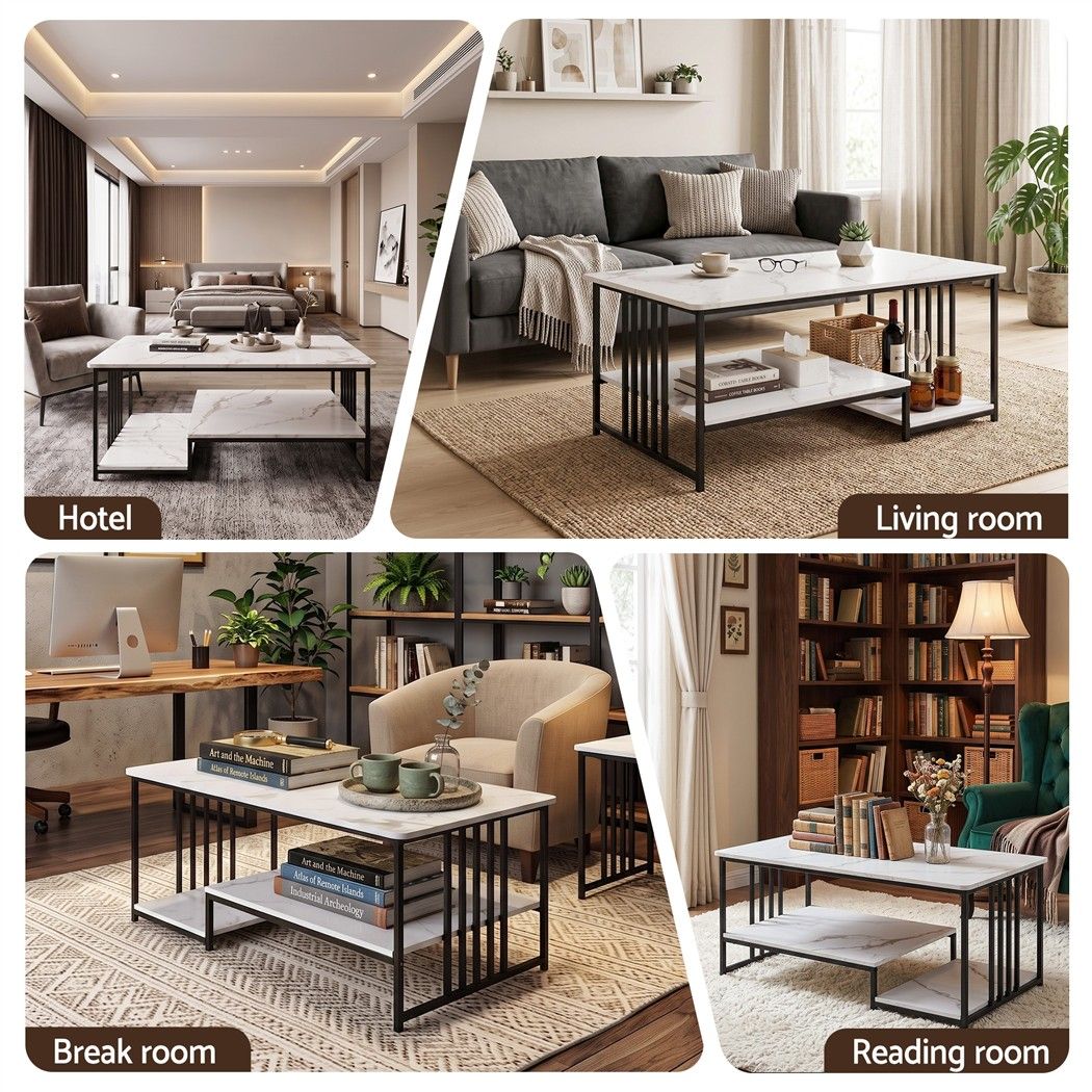 Iophon Coffee Table 100cm Faux Marble Finish Center Table 2-Tier Storage - White & Black