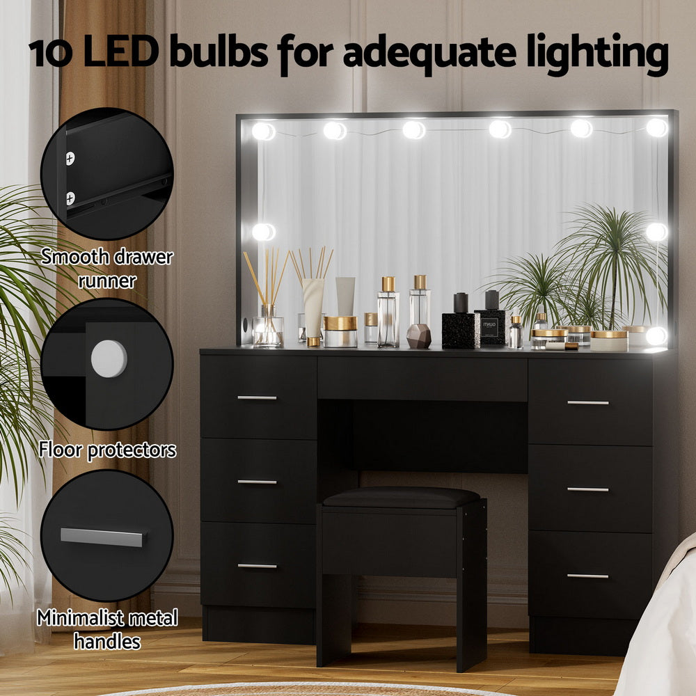 Dressing Table Set Stool 10 LED Bulbs - Black