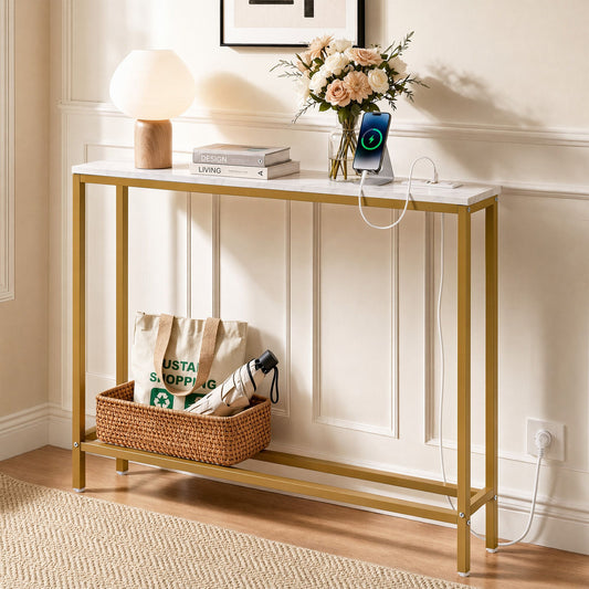 Console Table Entryway Hallway Display Desk Charging Station Marble Finish - White & Gold