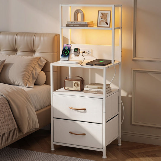 Saga Bedside Tables Tall Nightstand with Charging Station Drawers LED - White