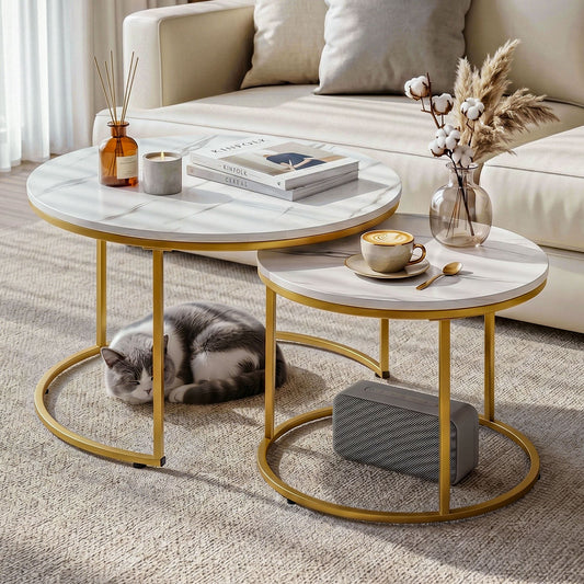 Iphigenia Coffee Table Set of 2 Round Marble Effect 70/50cm White & Gold