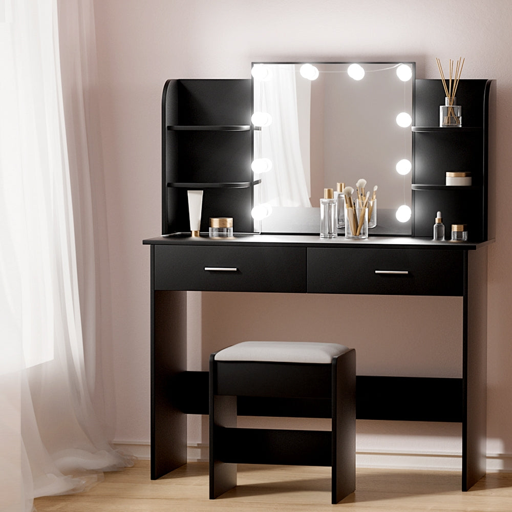 Dressing Table LED Makeup Mirror Stool Set 10 Bulbs Vanity Desk Black