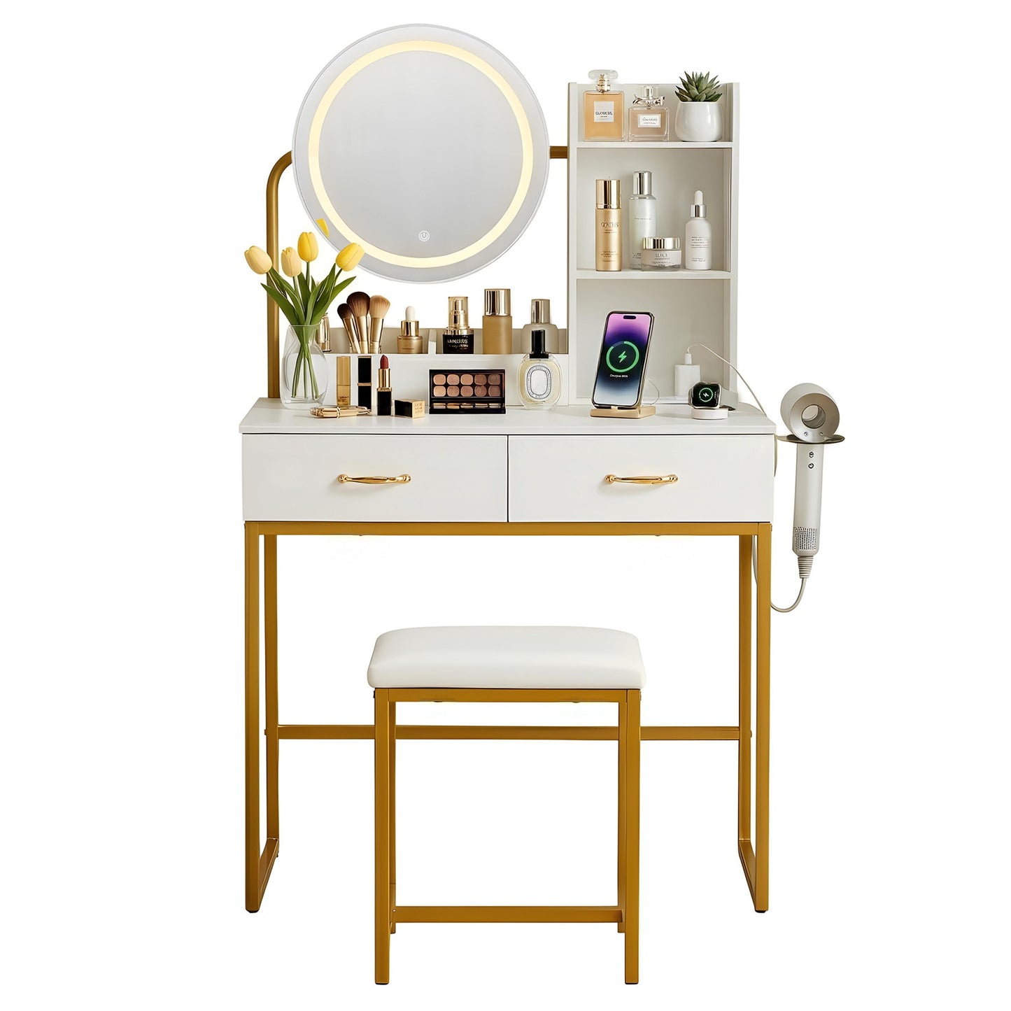 Dressing Table Vanity Desk Set Stool LED Charging Station - White