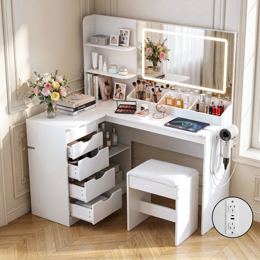 Dressing Table Corner Vanity Desk Set Stool LED Charging Station - White