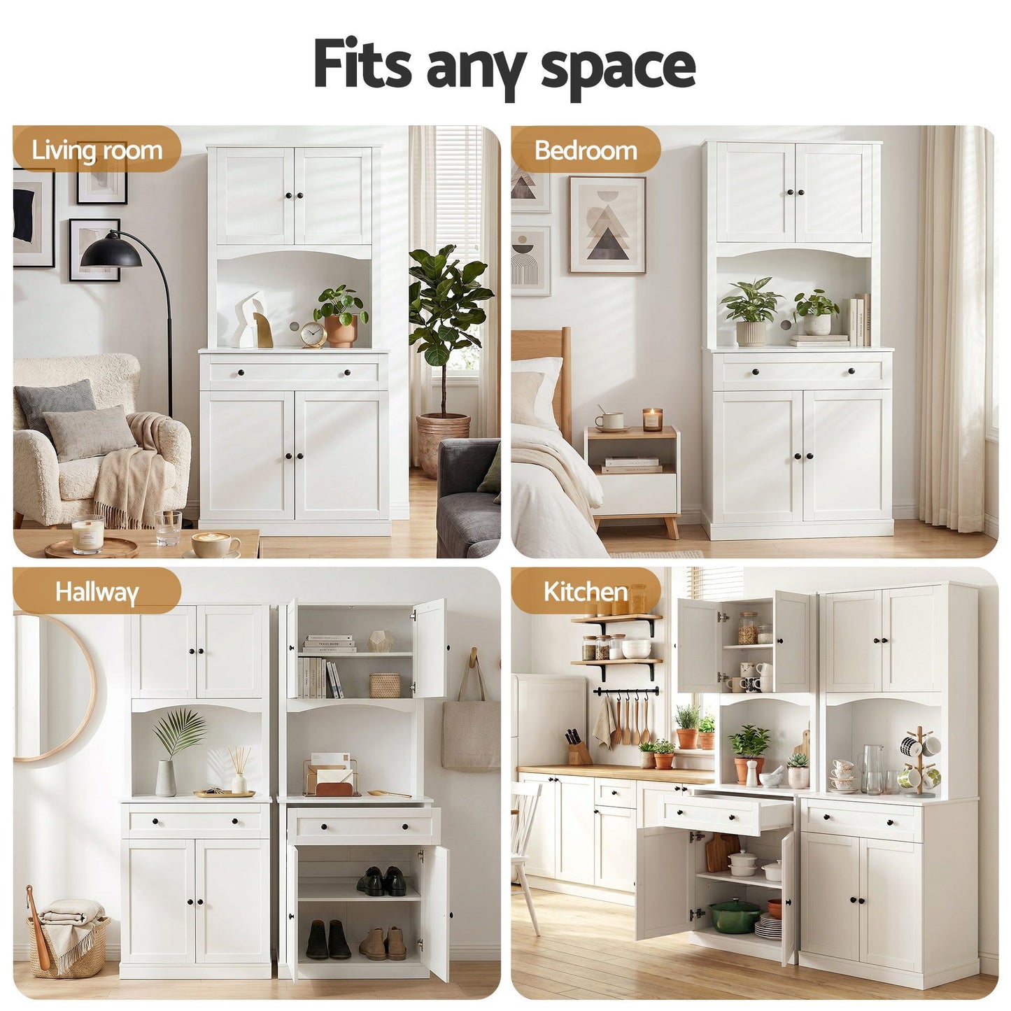 Set of 2 Cyprian Buffet Sideboard Hutch Pantry Cabinet Kitchen Storage - White