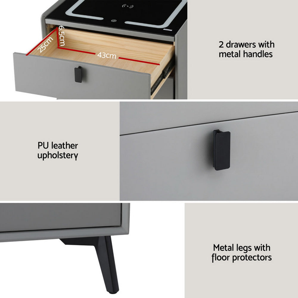 Brooks LED Bedside Table Smart with Wireless Charging Ports with 2 Drawers - Grey