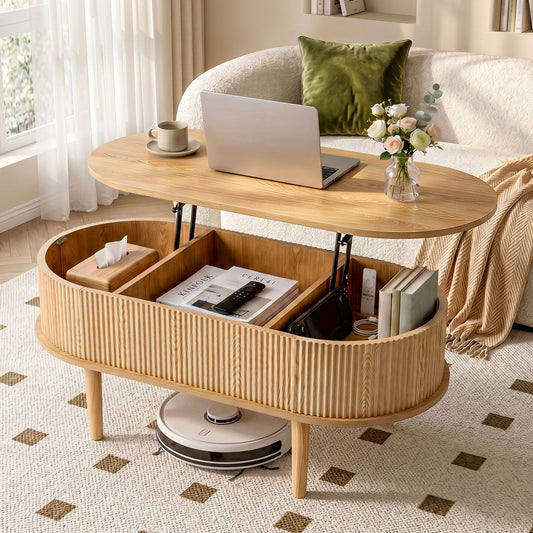 Ioakim Coffee Table 100cm Lift Top Fluted Centre Table with Hidden Storage Oval - Natural Wood