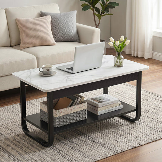 Irini Coffee Table 2-Tier 80CM Marble Finish Shelf Black&White