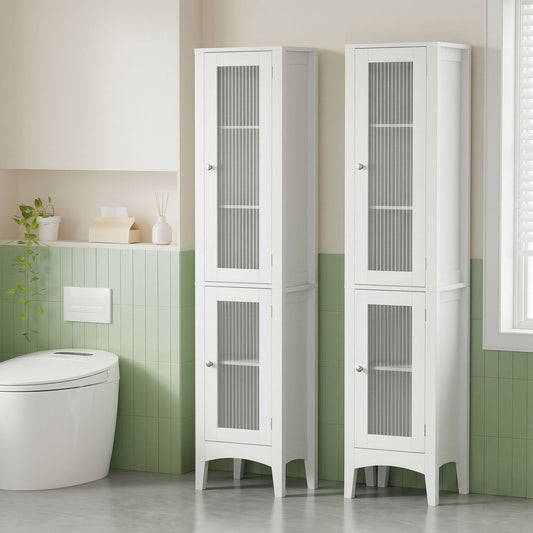 Set of 2 Bathroom Storage Cabinet 160cm Tall Slim Floor Cupboard Toilet Glass Door White