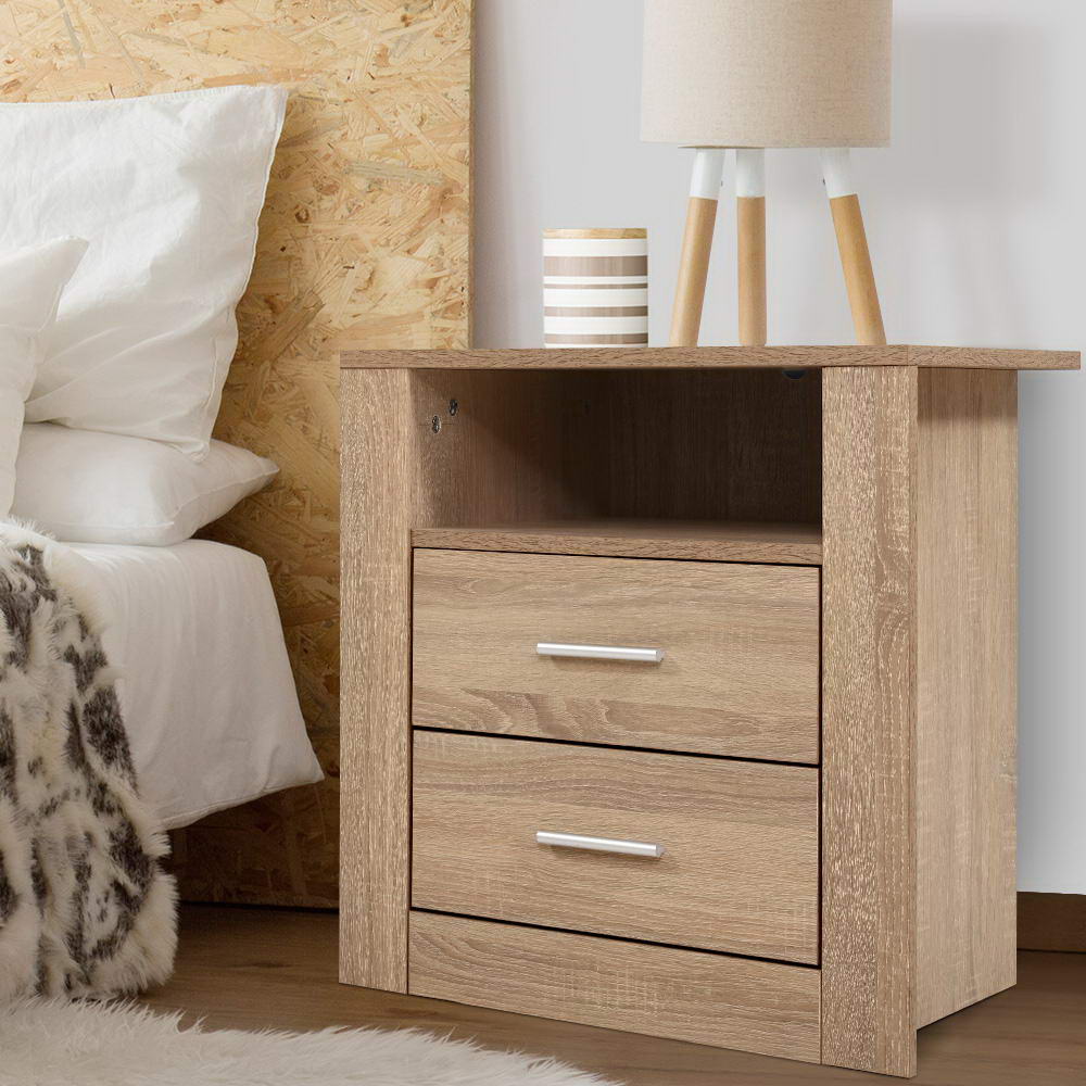 Barrie Wooden Bedside Tables Storage Cabinet Shelf Side End Table Oak with 2 Drawers - Oak