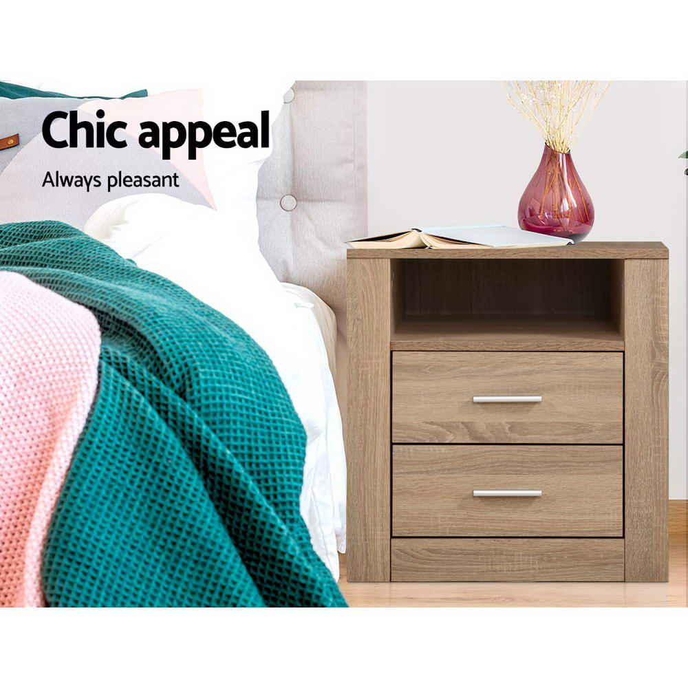 Barrie Wooden Bedside Tables Storage Cabinet Shelf Side End Table Oak with 2 Drawers - Oak