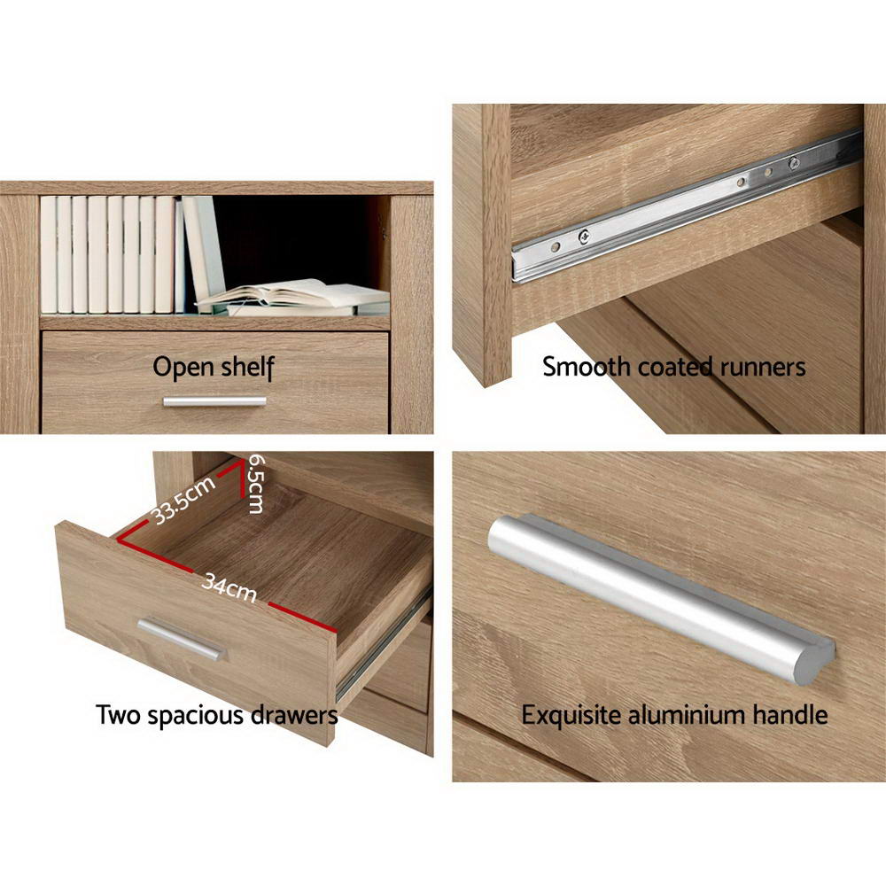 Barrie Wooden Bedside Tables Storage Cabinet Shelf Side End Table Oak with 2 Drawers - Oak