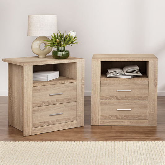 Set of 2 Barrie Bedside Tables with Shelf with 2 Drawers - Oak