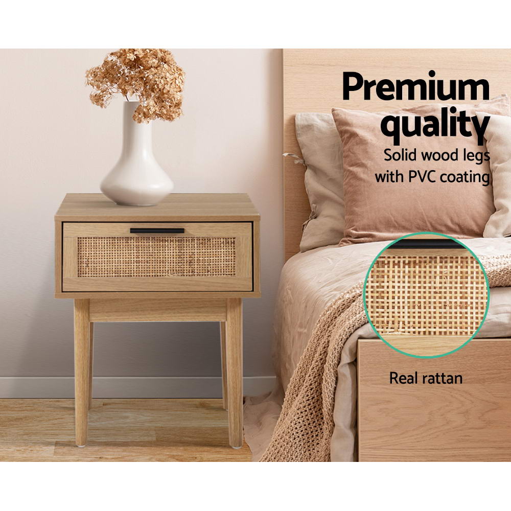 Guelph Wood Rattan Bedside Tables Storage Cabinet Rattan Wood Nightstand - Wood