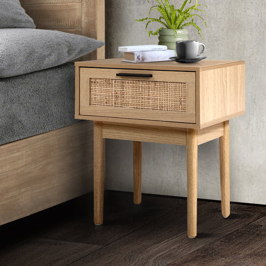 Guelph Wood Rattan Bedside Tables Storage Cabinet Rattan Wood Nightstand - Wood