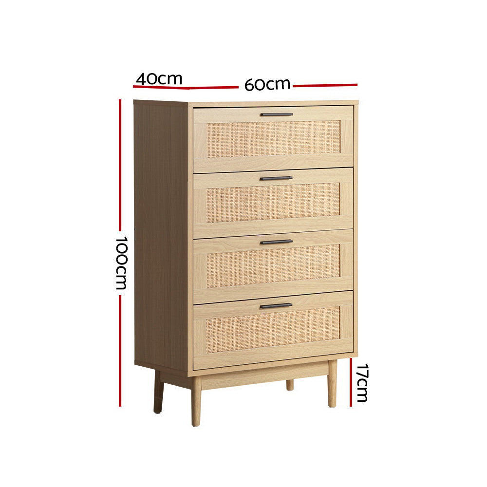 Belfast Double Bedroom Suite 5 Piece 1x Double Mattress 1x Bouclé Double Bed Frame 2x Rattan Bedside Tables and 1x Rattan Tallboy