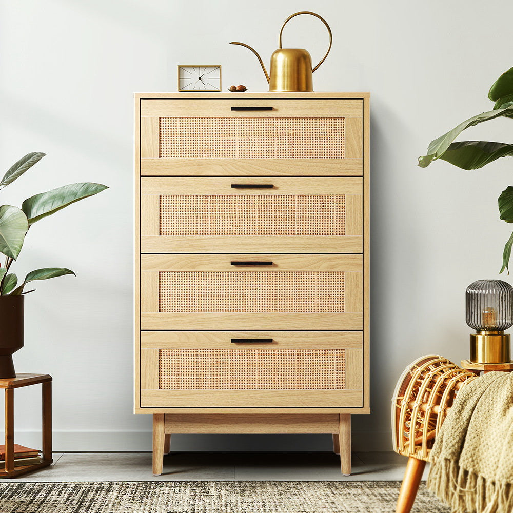 Belfast King Single Bedroom Suite 5 Piece 1x King Single Mattress 1x Bouclé King Single Bed Frame 2x Rattan Bedside Tables and 1x Rattan Tallboy