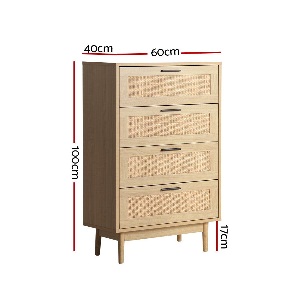 Artiss 4 Chest of Drawers Rattan Tallboy - Pine