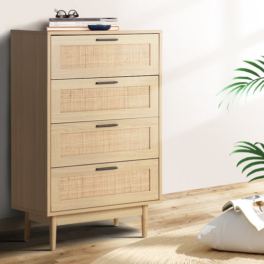 Artiss 4 Chest of Drawers Rattan Tallboy - Pine