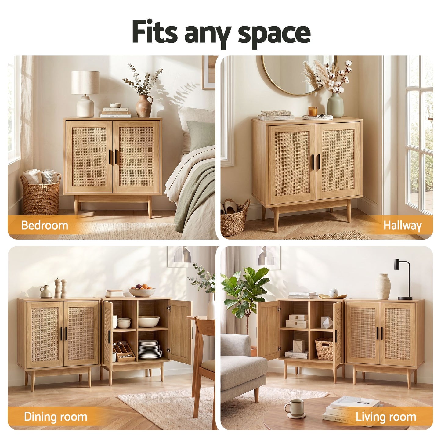 Set of 2 Rowan Rattan Buffet Sideboard 2 Doors - Natural Wood