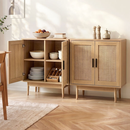 Set of 2 Rowan Rattan Buffet Sideboard 2 Doors - Natural Wood