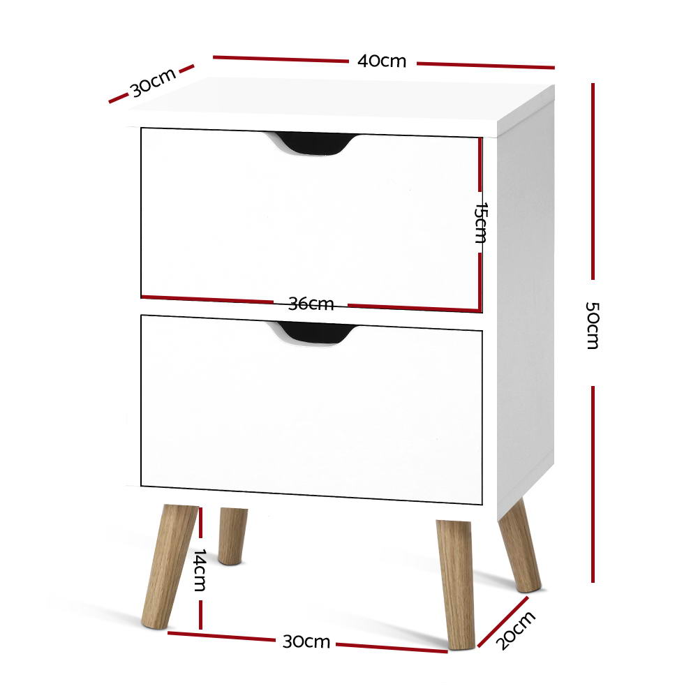 Orillia Bedside Table Nightstand with 2 Cabinet Drawers - White